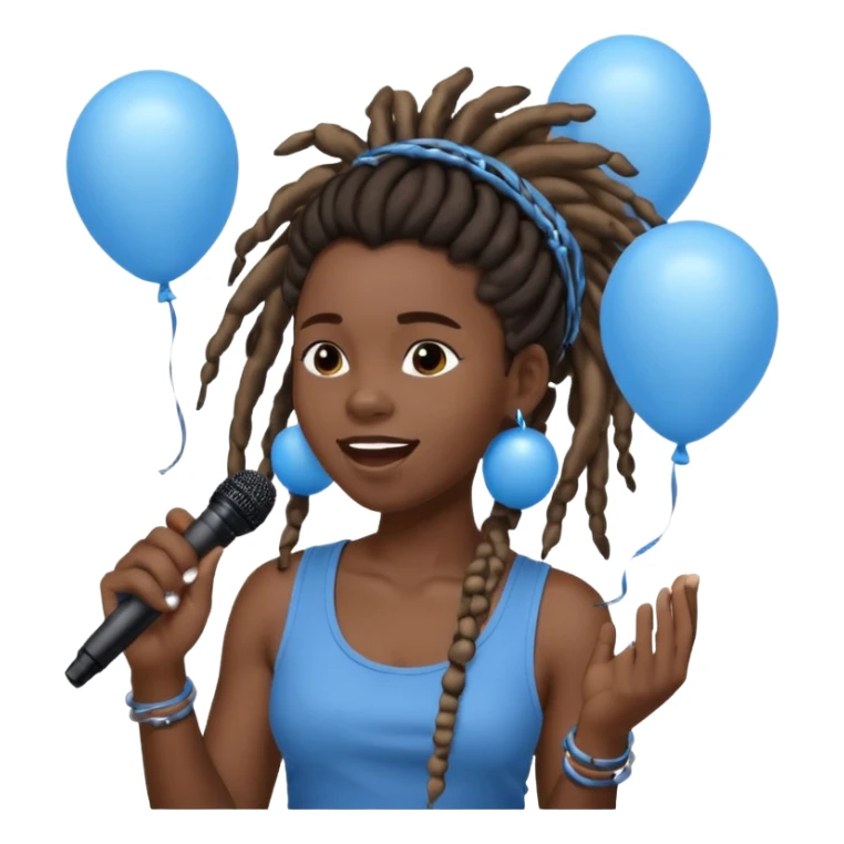 Black girl Stud with dreadlocks singing 1,2,3 release em with white and blue balloons flying overhead emoji like with mic in hand  sticker