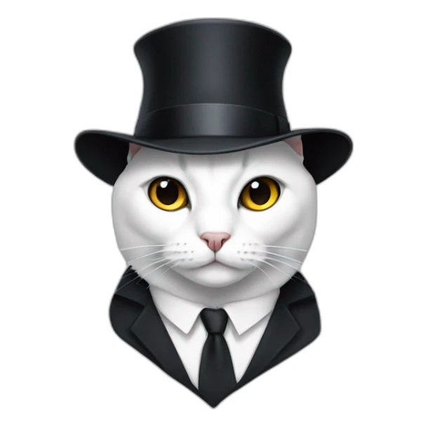 A white cat in a suit with a black hat sticker