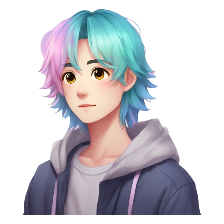 Gorgeous anime style boy with blushing face aesthetic and pretty colorful shiny gradient pastel hair trending style sticker