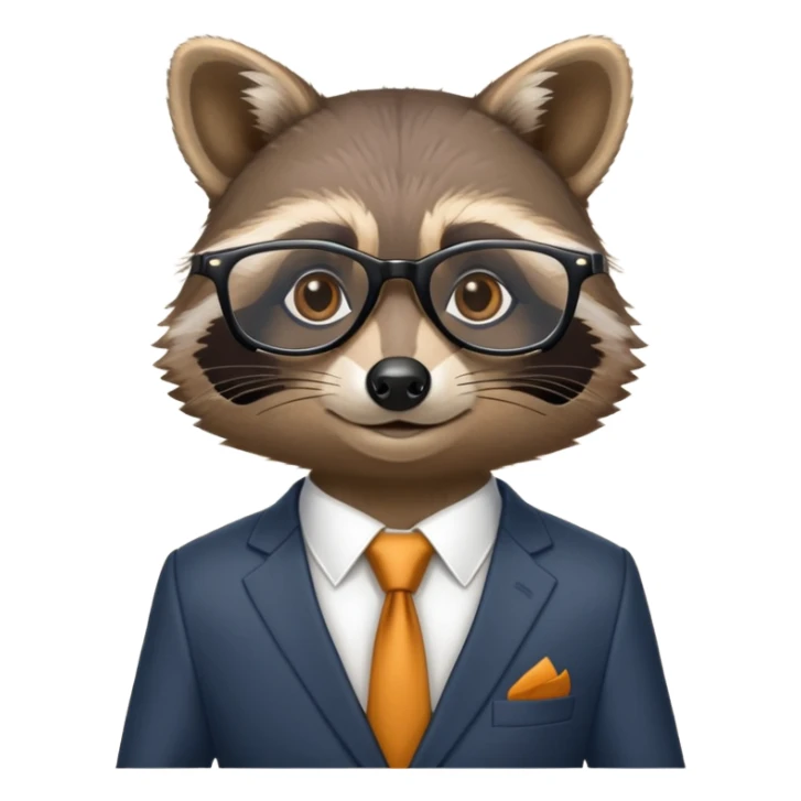 Pixar-style raccoon with glasses and an expensive business suit sticker