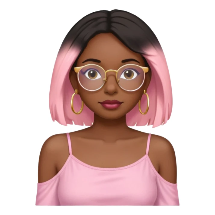 Dark Black girl with shoulder length bob with layers. She wears clear glasses and has on small gold hoop earrings and lipgloss. Shes also wearing a light pink spaghetti strap shirt sticker