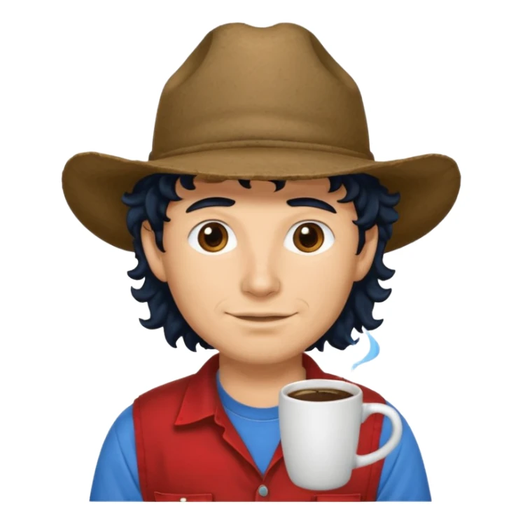 Ranch hand with blue hat and coffee mug, curly black hair, red shirt sticker