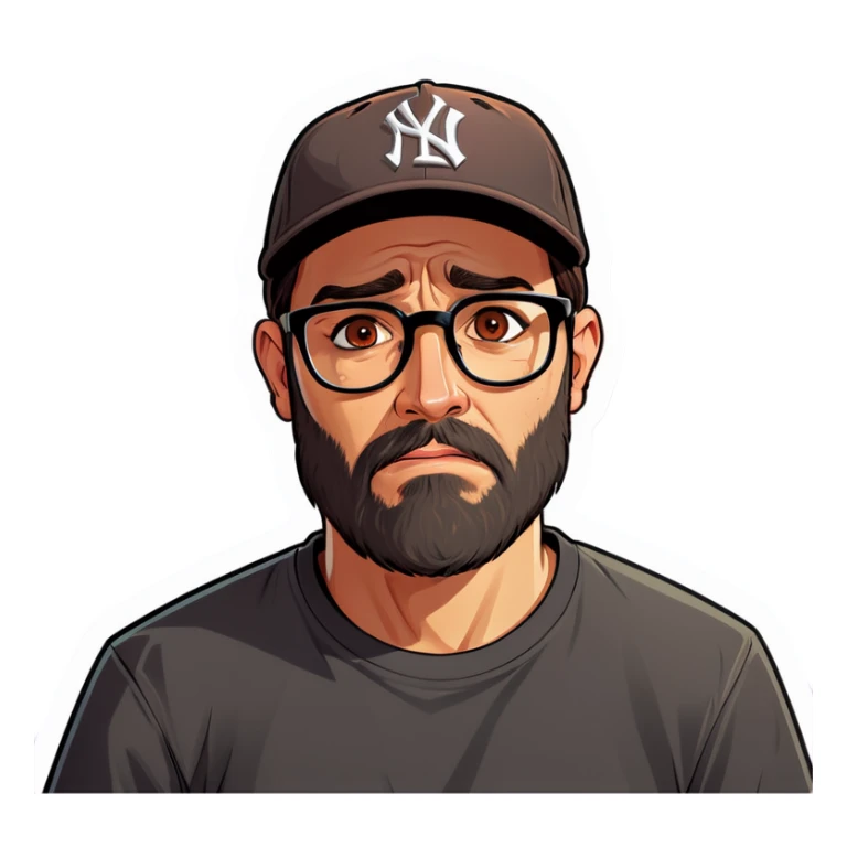 A man with a grey baseball cap, hazel eyes, big dark brown beard and glasses, crying sticker
