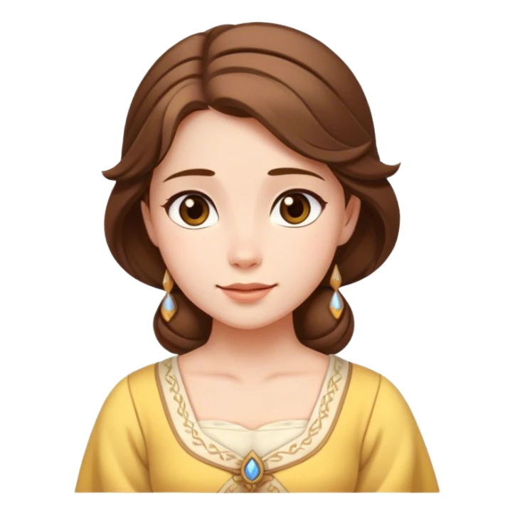 Cinematic Serene Belle Portrait Emoji, rendered in a simplified vector style. Depict a gentle Belle (chest and above) with fair, glowing skin, softly cascading brown hair, and a calm, inviting expression, dressed in her traditional village dress. The image exudes a soft, luminous glow and is outlined with a subtle, warm light. sticker