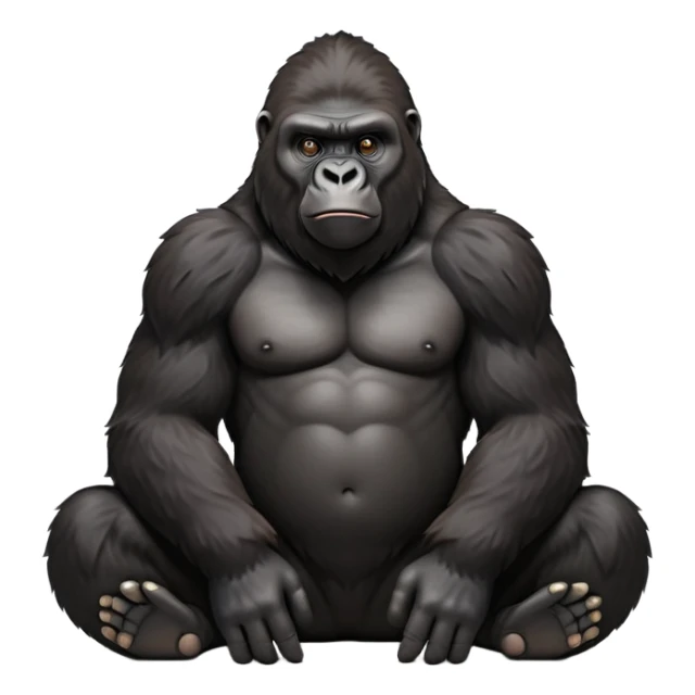 cinematic-gorilla-realistic-full-body-sitting-emoji,-exuding-strength,-thick-dark-fur-in-the-light,-head-tilted-dramatically,-deep-dark-eyes-filled-with-intense-intelligence,-simplified-yet-realistic-focused-features,-highly-detailed,-glowing-with-an-almost-sarcastic-glow sticker