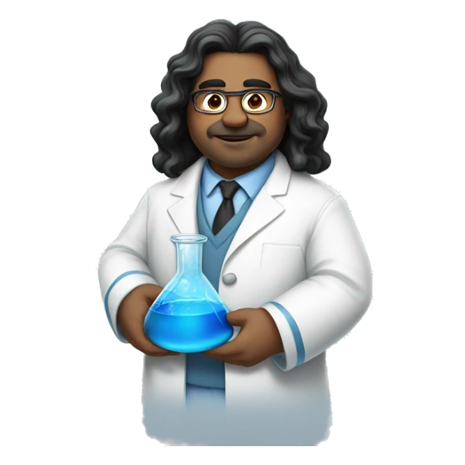 a fat chemist in a white coat with long wavy black hair holding a beaker with bright blue liquid, he has no glasses sticker