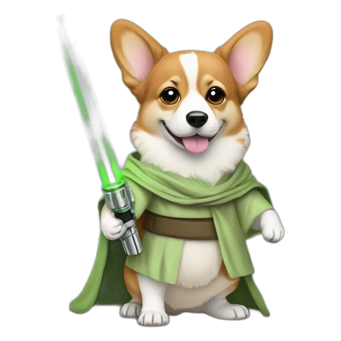 Corgi dress as yoda with one light saber green sticker