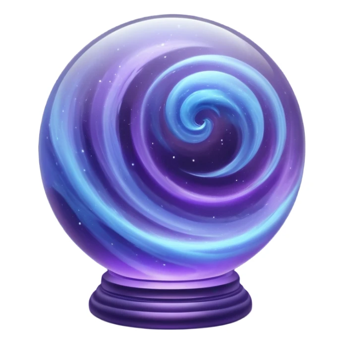 A glass sphere filled with swirling purple and blue dust, glowing softly, 3D. Use muted, calm purples and blues instead of bright neon tones, to create a harmonious and elegant look. sticker