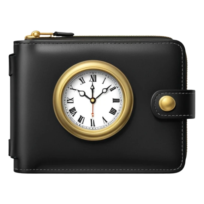 black wallet with a small clock on top of it sticker
