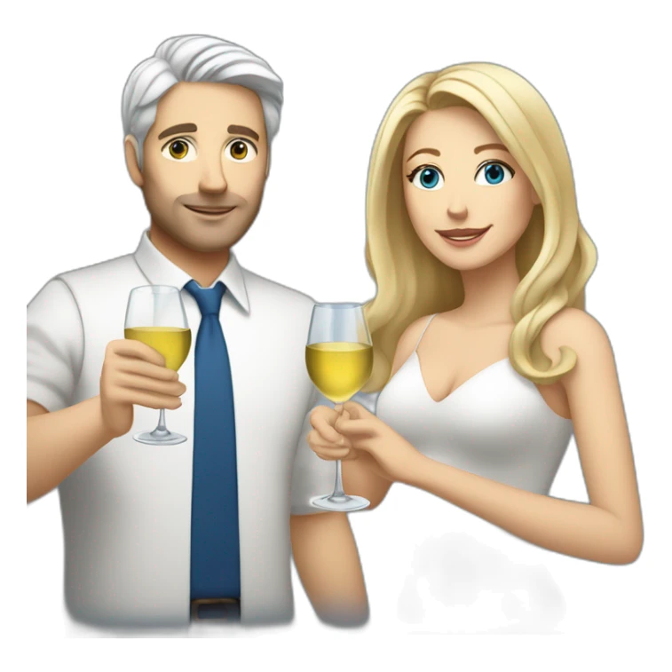 A white woman with brown eyes and blond medium long hair and a white man with blue eyes and grey hair, toasting with a glass of white wine sticker