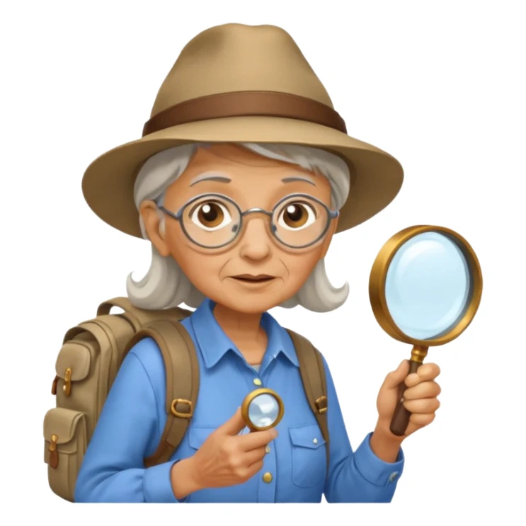 Explorer old woman with hat and magnifying glass and backpack, portrait sticker
