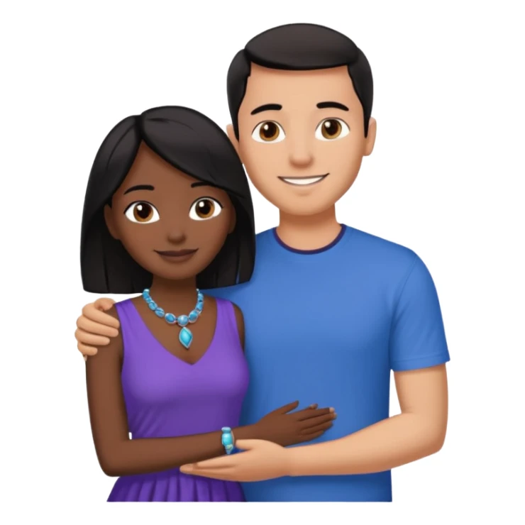 smiling embracing interracial couple. man is tan and has short brown straight hair he is wearing blue. woman has very dark black skin and long dark black hair. she is wearing purple and has matching blue jewelry on sticker