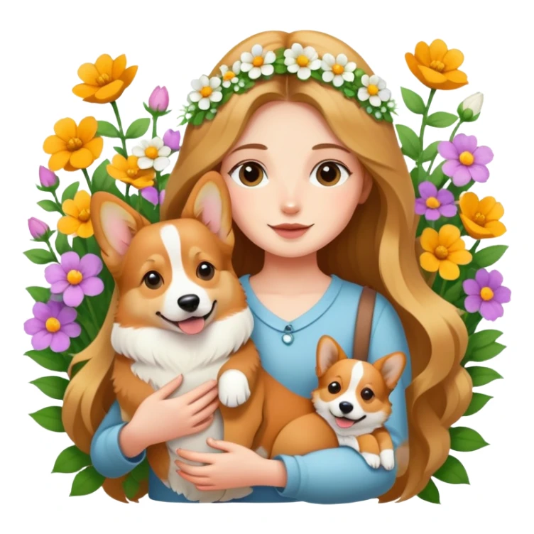 A long-haired girl holding a corgi in the flowers sticker