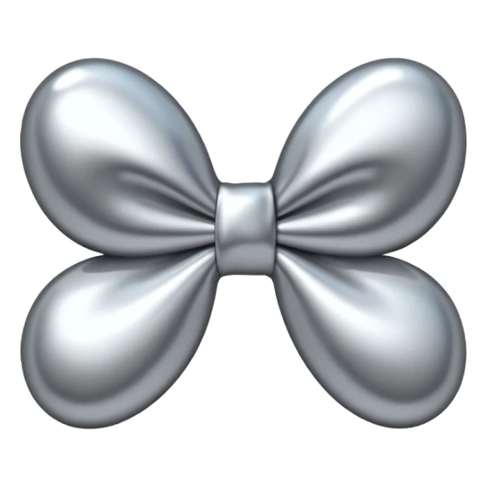 A cute bow emoji made of polished silver chrome, smooth rounded loops, glossy metallic surface, soft mirror reflections, subtle highlights, minimal and adorable proportions, iOS emoji style, centered composition, clean white background, soft studio lighting, no text, no outline, ultra high quality sticker