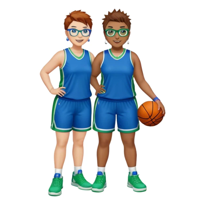 Full Body plus size white female basketball player with short medium brown hair with carmel highlights spikey hair wearing blue glasses 
 wide nose wearing blue green uniform  green sneakers smiling wearing silver hoop earrings sticker