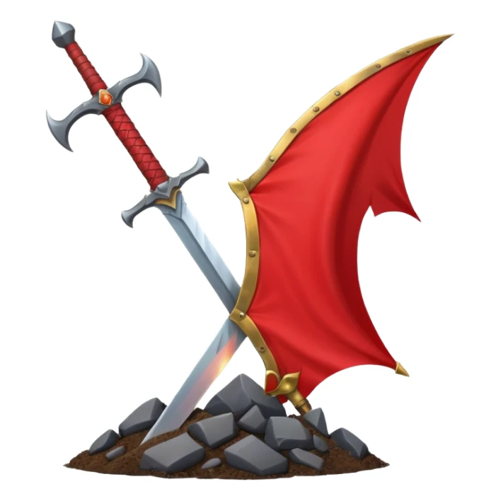 large sword inspired by Guts' sword from Berserk driven into the ground with a red banner waving behind it featuring a dragon head symbolizing the start of a hunt clean epic easily recognizable emoji style WhatsApp emoji sticker