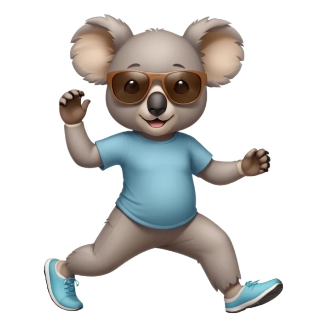 friendly anthropomorphised koala in casual clothing, wearing dark sunglasses, jogging upright in relaxed pose sticker