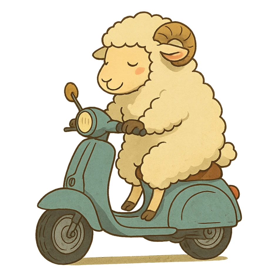 ghibli style cartoon sheep on a scooter sticker