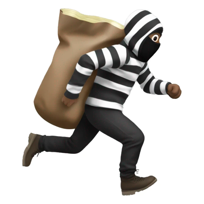 A robber in striped black and white clothes with a black ￼ski mask on running away with a brown sack of money on his back  sticker