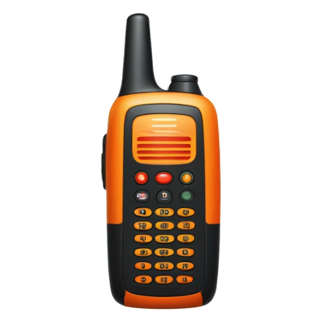 black walkie talkie with red-orange button on side sticker