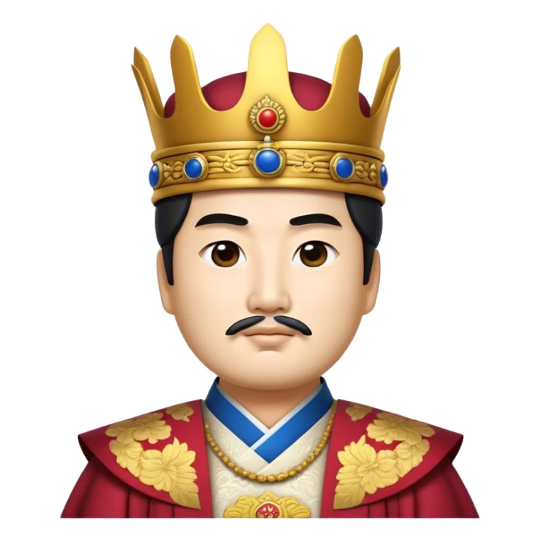 Cinematic Realistic King Sejong Portrait Emoji, depicted as a wise benevolent monarch in traditional Korean royal attire with a thoughtful gaze, rendered with intricate textures and regal soft lighting that captures his historical significance. sticker