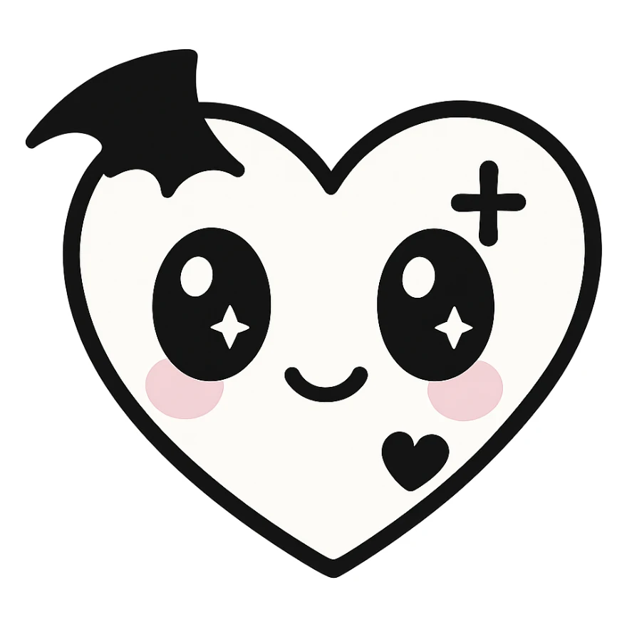 white goth heart, minimal, edgy, dark accents, kawaii style, no background sticker