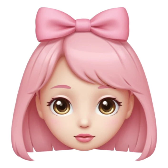 Cute coquette emoji, round face, big sparkling eyes, soft blush on cheeks, small pink bow on top of the head, pastel colors, simple vector style, transparent background


 sticker
