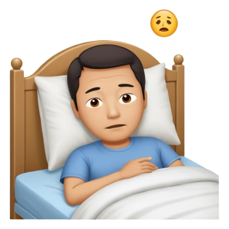 A middle-aged Asian man lying in bed, unable to sleep sticker