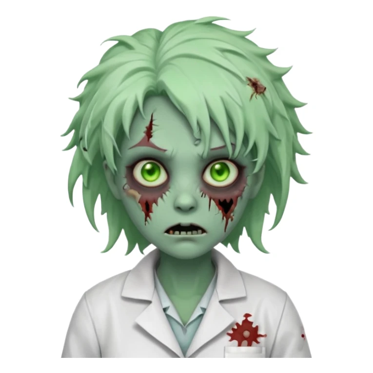 zombie scientist woman portrait, head and shoulders only, torn lab coat collar, pale green skin, stitched face details, glowing eerie eyes, messy hair, creepy but cute cartoon style, 3D cartoon, mobile game icon style, clean background, no text, no watermark
 sticker