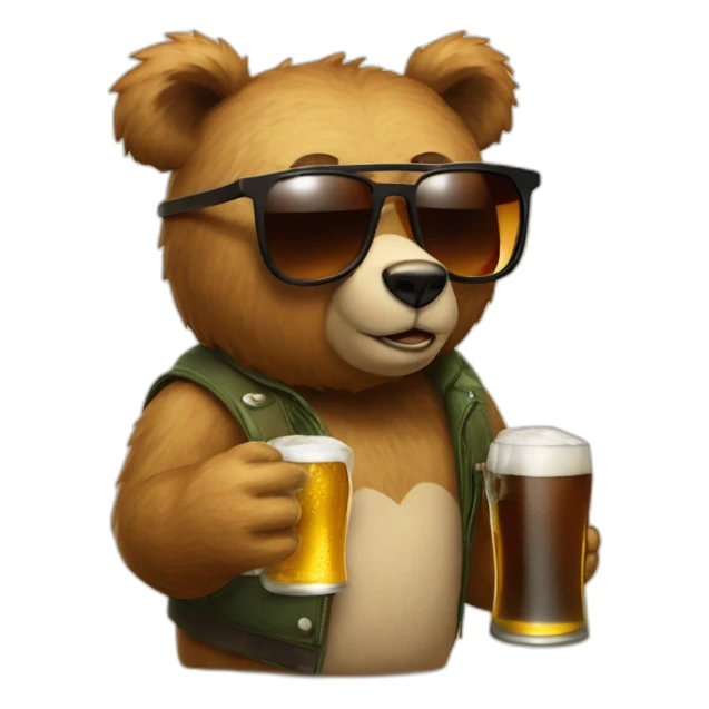 Humanoid bear with sunglasses and a beer sticker