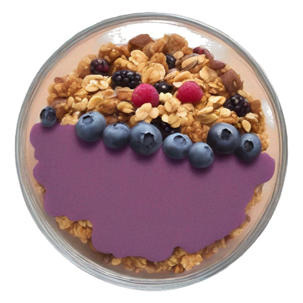 Açaí in a clear bowl layered with milk berries and granola sticker