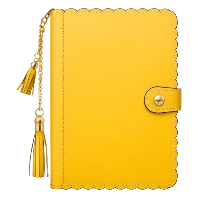 a soft yellow lemon color journal with scalloped edges, tiny gold dot details, and a small tassel charm, cozy and elegant stationery vibe sticker