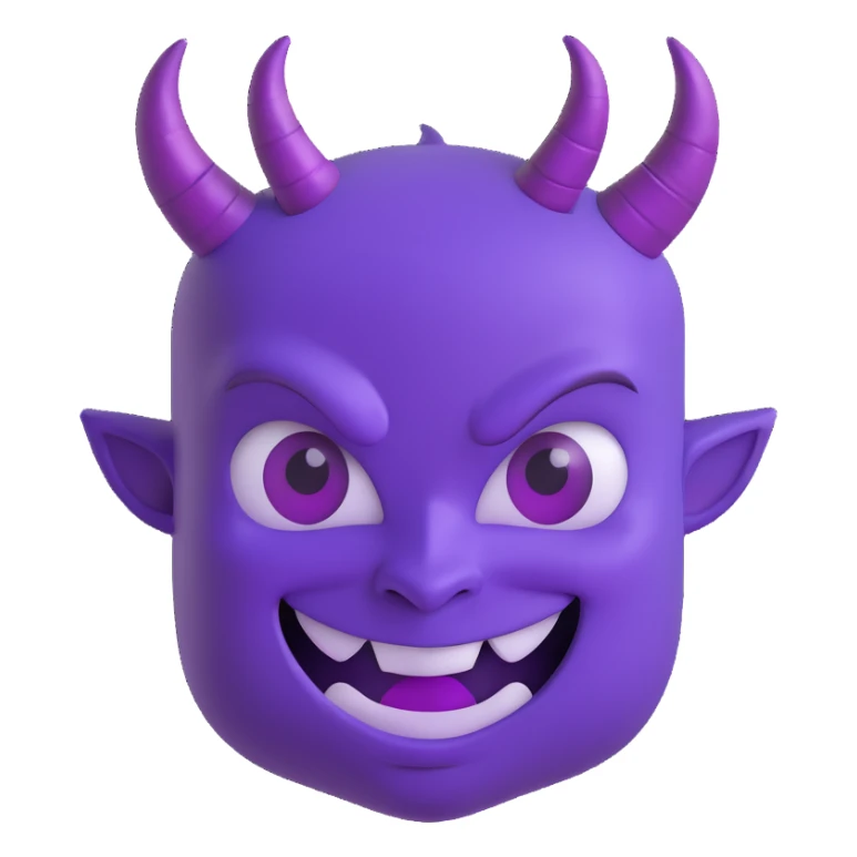 A mischievous purple devil emoji with a sly, confident smile and raised eyebrows, glowing purple horns, smooth gradient shading, minimalistic and glossy 3D cartoon style sticker