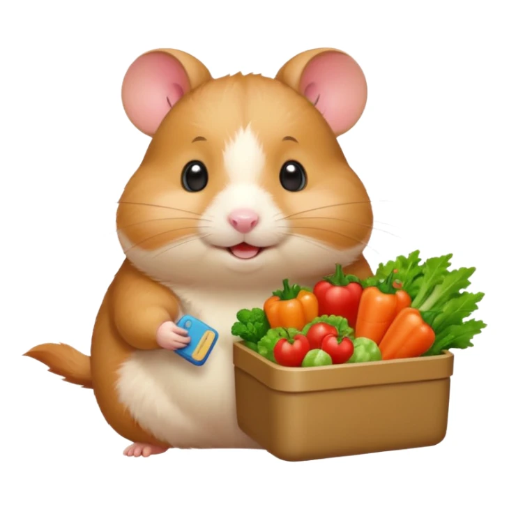 Cute chubby cartoon-style hamster holding a small bento box filled with vegetables, smiling proudly. Soft painterly shading, white background, sticker-style illustration sticker