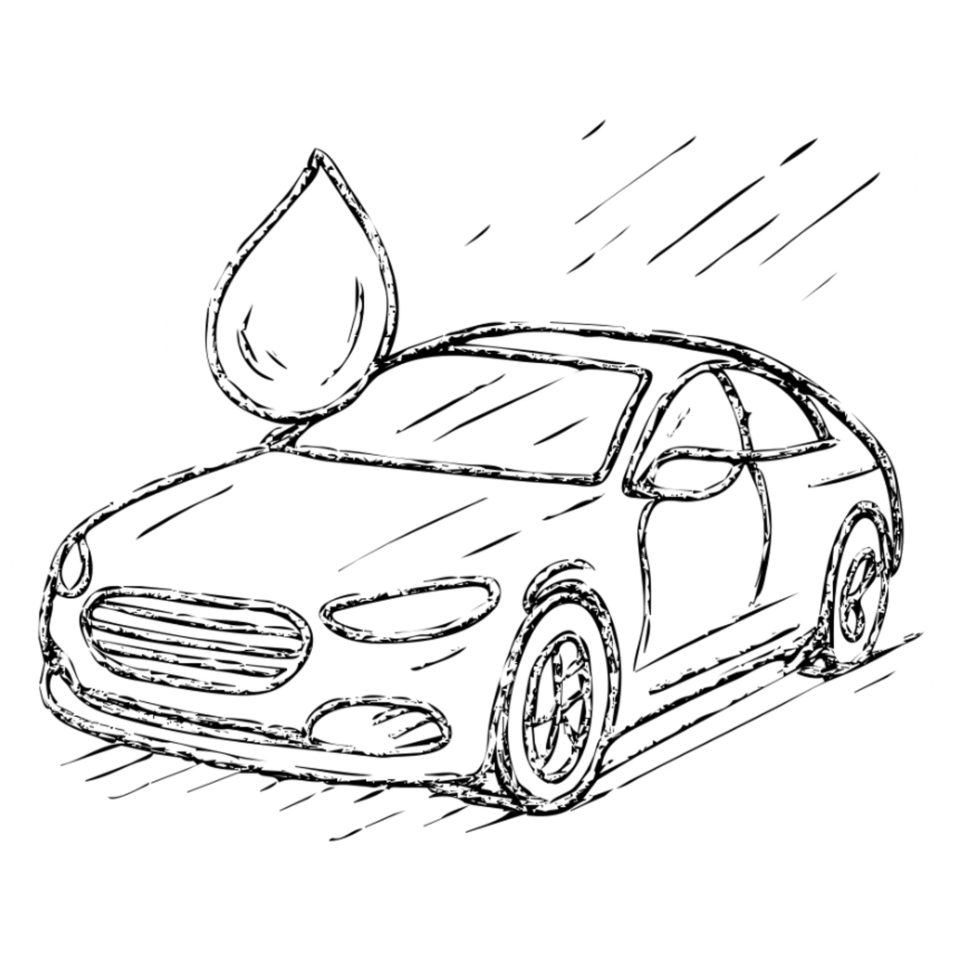 hand-drawn outlined icon of a full high-end vehicle with glossy black paint, water droplet sliding on the surface, subtle repellent effect with lines, clean and modern sticker