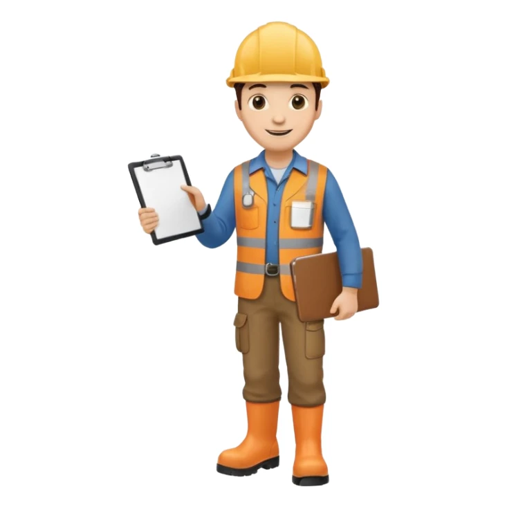 engineer standing with safety boots, holding a clipboard sticker
