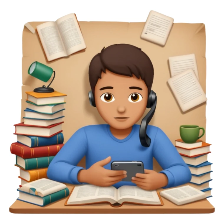 emoji student lying with phone instead of studying, lazy, books, white background, sticker