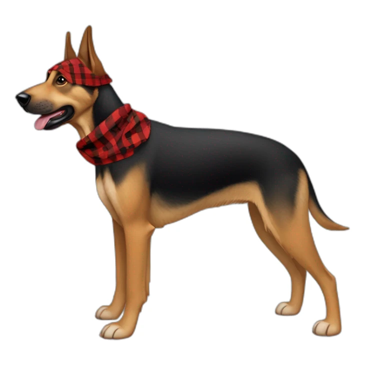 75% Coonhound 25% German Shepherd mix dog wearing small pointed red buffalo plaid bandana pointing down side view full body facing left sticker