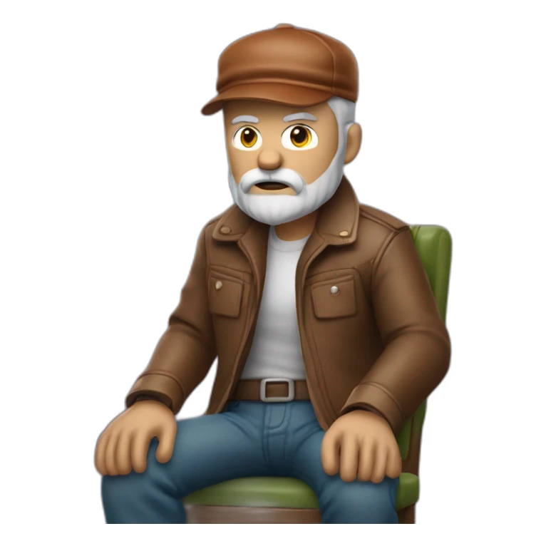 biff wiff short santa beard wearing a brown leather jacket and a paddy cap sitting in a folding directors chair looking angry(full body, ios17) sticker