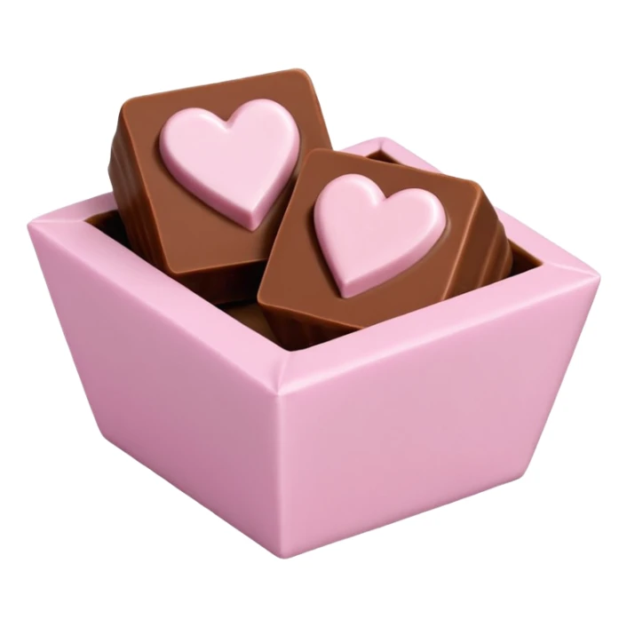 Two square milk chocolate 2 pralines only, Each praline is a sharp-edged cube with smooth glossy chocolate coating, placed in a small white fluted paper candy cup. On top of each cube is a flat pastel pink heart-shaped icing, thin and smooth, slightly translucent, with fine sugar crystal sparkle. sticker