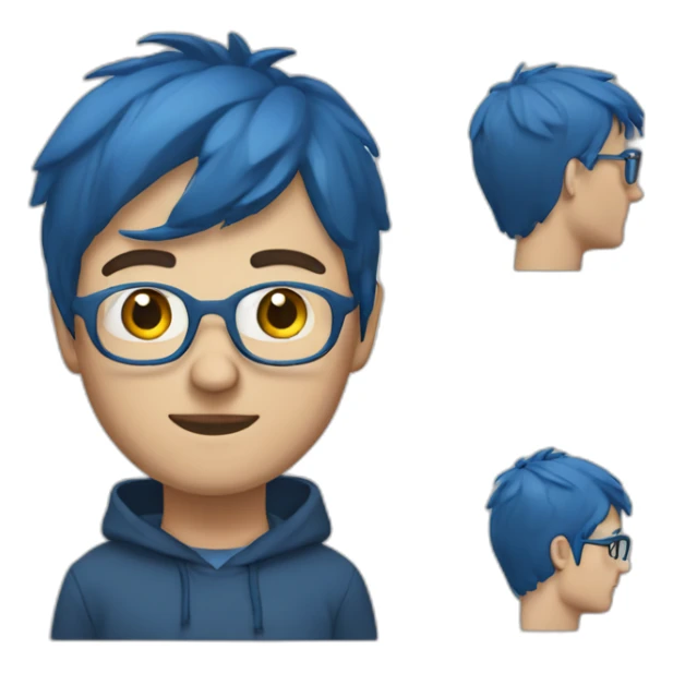 white guy with short straight fringe, clear glasses, a short beard, one earring, very tall and blue hoodie sticker