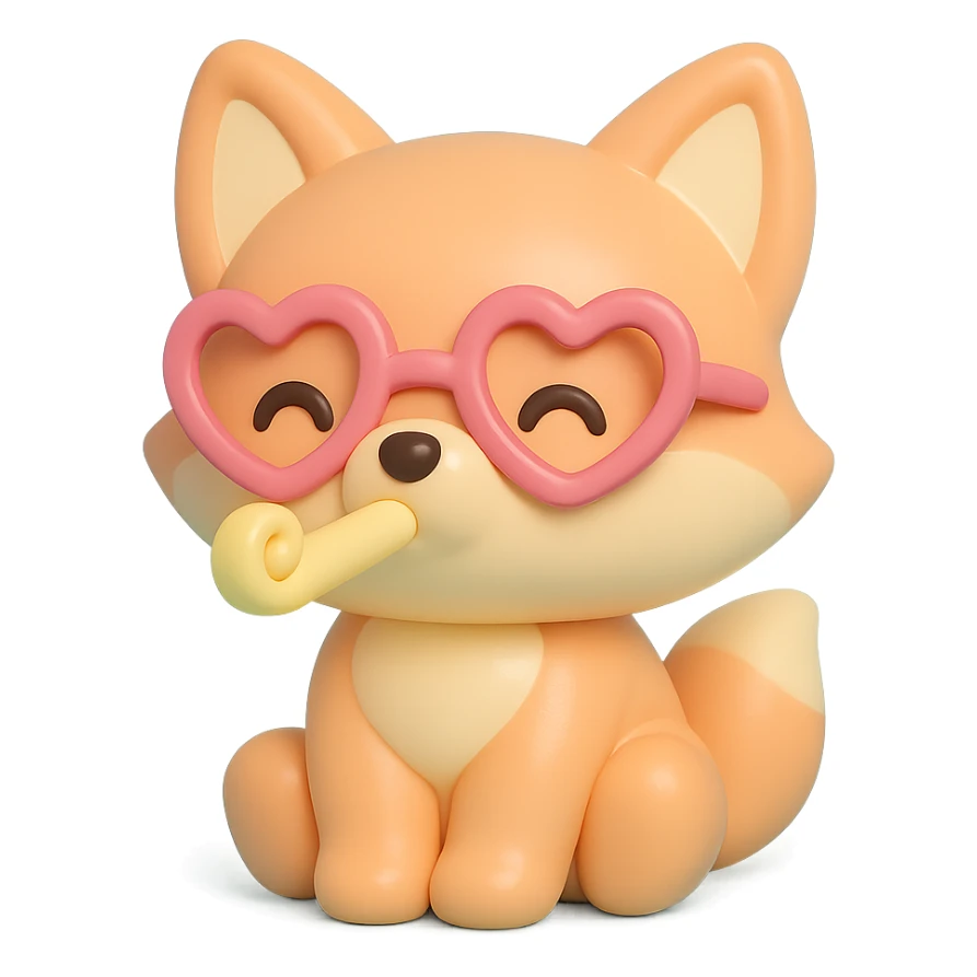 baby fox with heart glasses blowing party horn in vinyl figure style sticker
