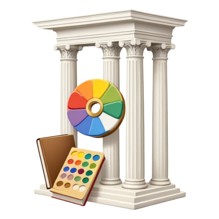 An icon featuring a paint palette, a sculpture, and a book, symbolizing the study of culture and art. The design includes a classical column and a canvas, representing art history and cultural exploration. Transparent background highlights the connection between creativity and history. sticker