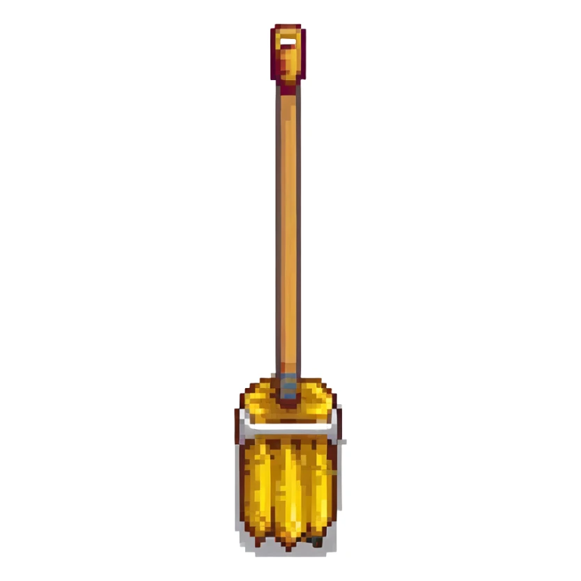 cartoon broom (vasoura), wooden handle, yellow bristles, retro game look sticker