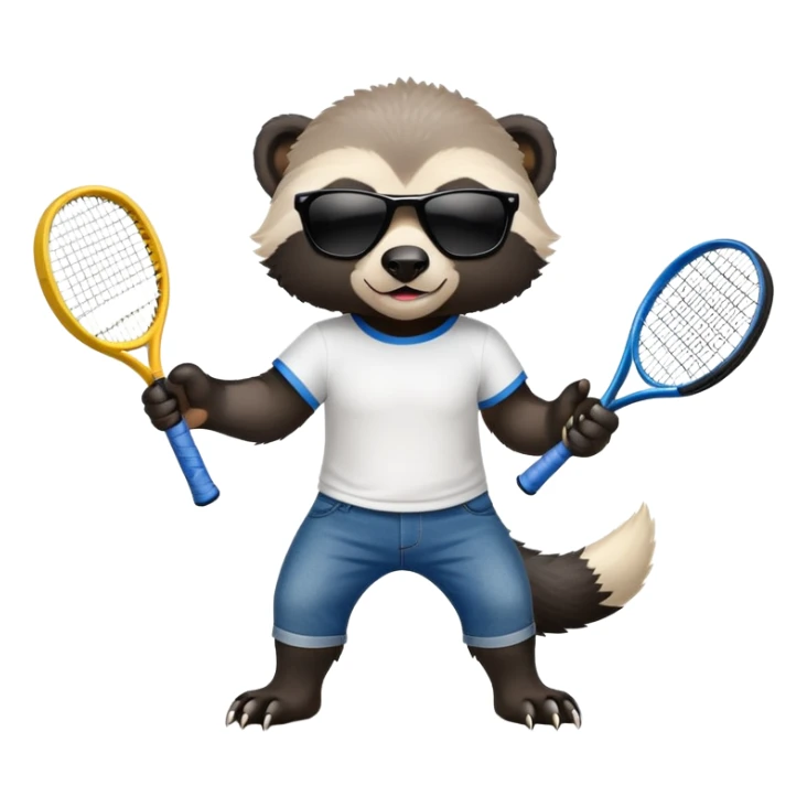 mischievous anthropomorphised honey badger in jeans and a t-shirt, wearing sunglasses, holding a tennis racket sticker