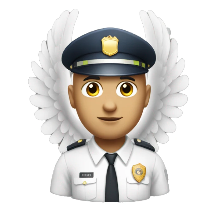 A WHITE Police man bald with cap with Big ANGEL WINGS sticker