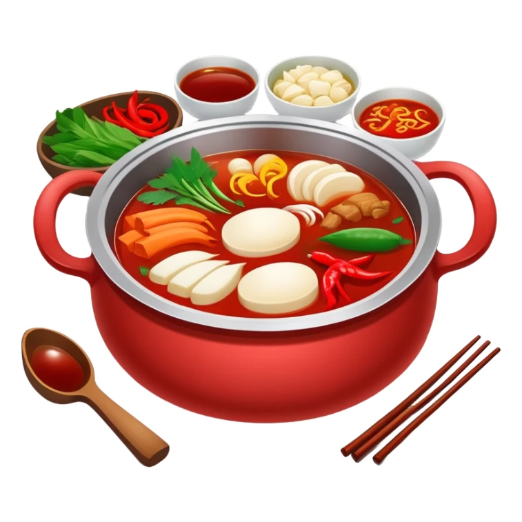 Sichuan Hot Pot with spicy red broth and ingredients, simplified emoji style with bold outlines and bright colors, cartoon style traditional Chinese divided hot pot sticker