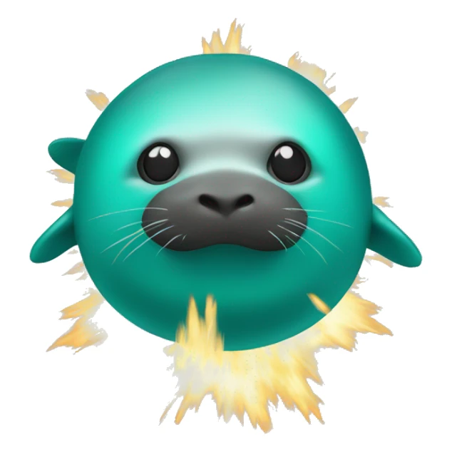 teal-coloured seal in front of boom explosion sticker