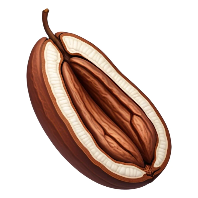 A simple 3D color illustration of a single cocoa bean with cut open, with realistic shading and texture, on a pure white background.

 sticker
