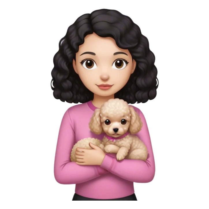  Un chica con cabello negro y un poco ondulado, con camisa camisa rosa ajustada sosteniendo un perrito pequeño de raza french poodle  sticker